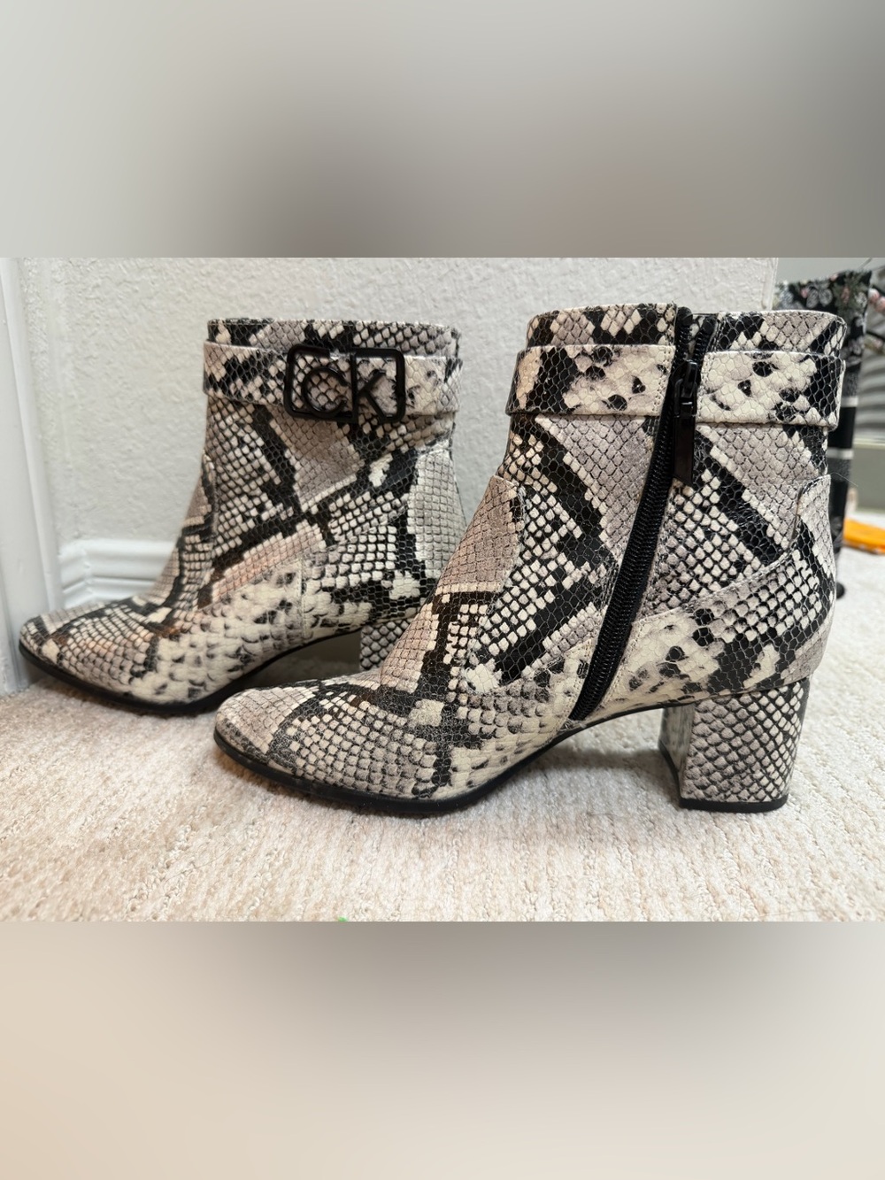 Calvin Klein Freema Snakeskin Ankle Boots Size 8M Buckle Block Heel Booties